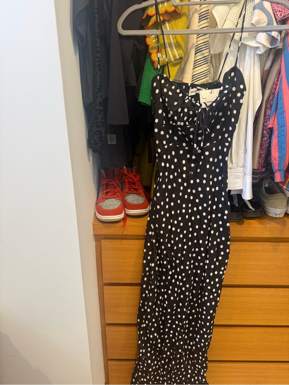 Black Polka Dot Midi Dress with Tie Front